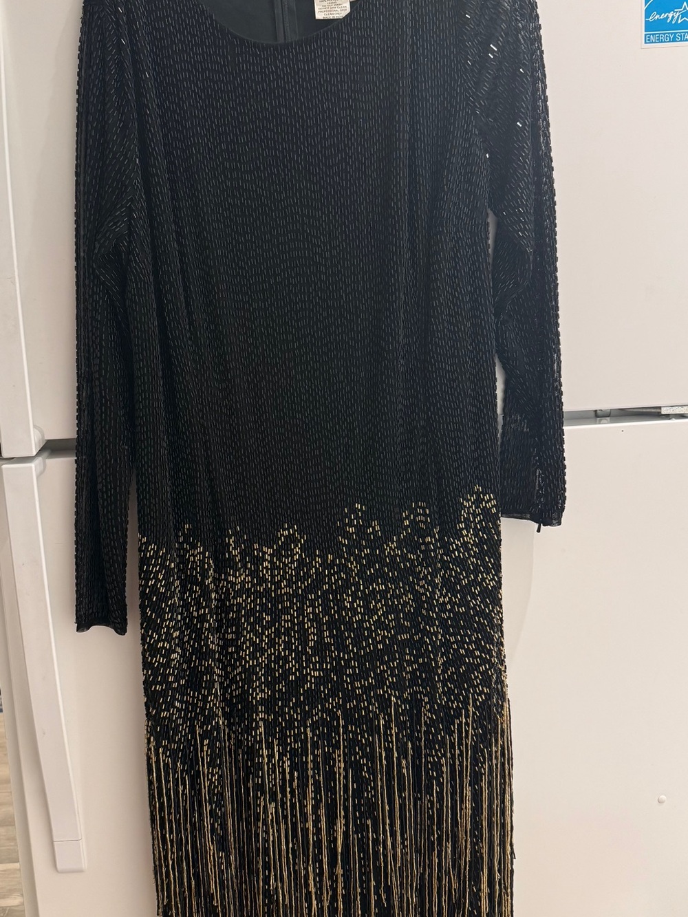 Mac Duggal Black Dress with Gold Bead Fringe